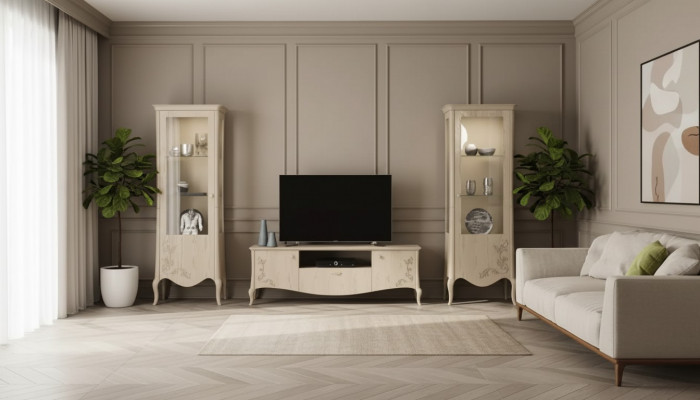 Wunnzëmmer rtv Vitrinn Anricht Regal Luxus Wunn Zëmmer Béis Set 3stéck.