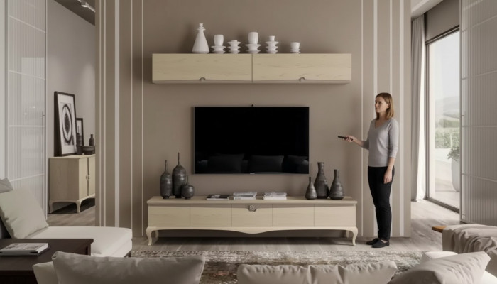TV Rescht Wandregal Holzdësch Wandregal Beige Klassesch Design Neit