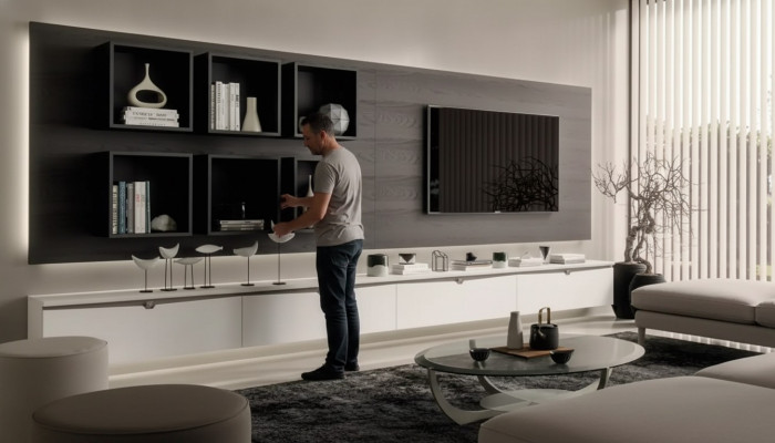 Design Wandhaff Regal Wunnzëmmer TV-Stänner Holz Wand Regaler Italien