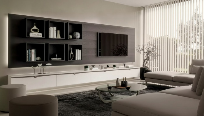 Design Wandhaff Regal Wunnzëmmer TV-Stänner Holz Wand Regaler Italien