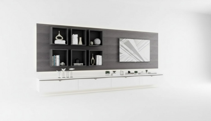 Design Wandhaff Regal Wunnzëmmer TV-Stänner Holz Wand Regaler Italien