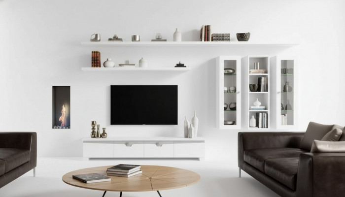 Wunnzëmmer Niddreg Board Wunnmauer Holz Schaf Design Wäiss Modern Set 6-Deeler.