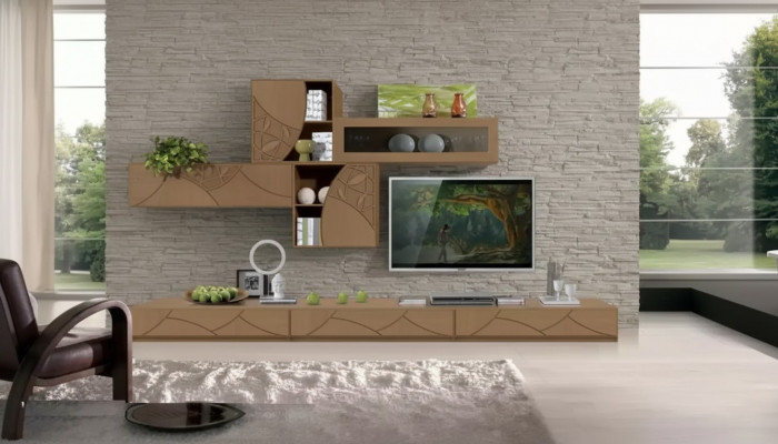 Living Zëmmer Sideboard Wunnmaueren Braun Schief Regal Schaf Design Nei