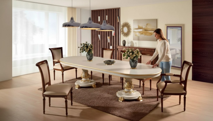 Luxus Iesszëmmer Dësch Oval Wäiss Iessdëscher Holz Italienesch Miwwelen Art déco Nei