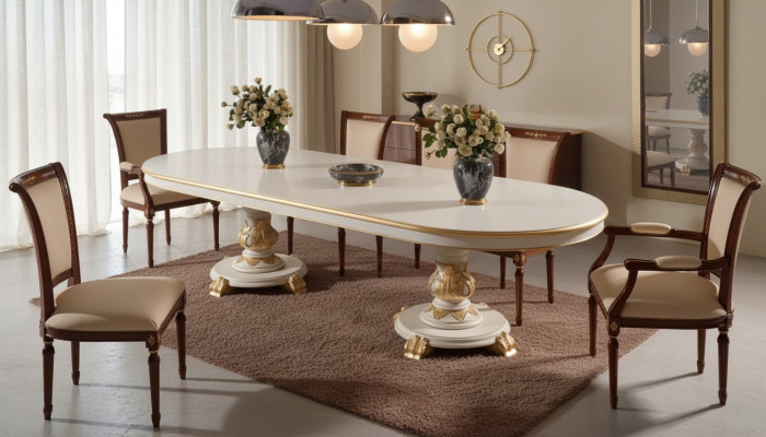 Luxus Iesszëmmer Dësch Oval Wäiss Iessdëscher Holz Italienesch Miwwelen Art déco Nei