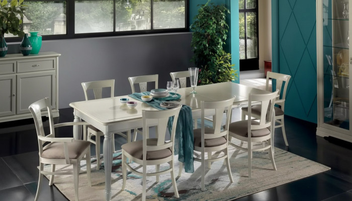 Komplett Set Iessdësch 8x Still Luxus Iesszëmmer Garnitur Wäiss Italienesch