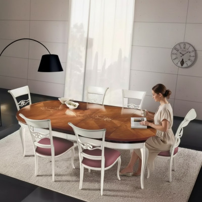 Klasseschen Iessdësch Dësch Holz Iesszëmmer Garnitur 4x Stull Set Wäiss