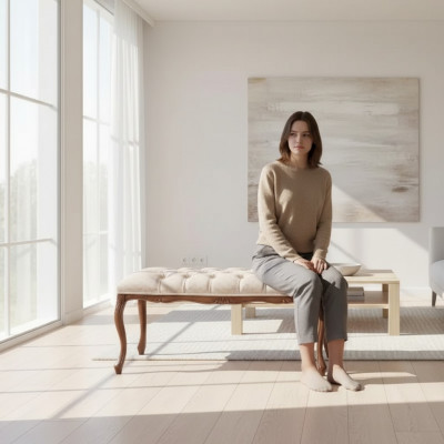 Sëtzmobilier Sëtzbank Gepolsterte Bank Holzbänk Gepolstert Stoff Hocker Rosa Nei