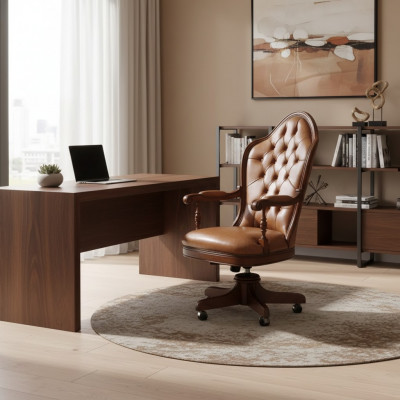 Bürostull Holz Chefstull Chesterfield Italien Miwwelen Braun Dreckbar Nei