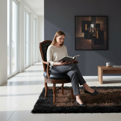 Bürosstull Holz Chefsessel Chesterfield italieenesch Miwwelen Schwaarz Dréiend