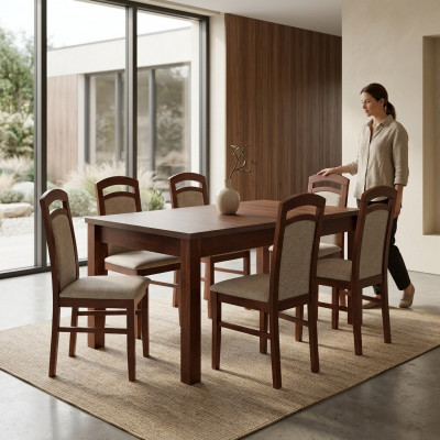 Designer Holz Iesszëmmer Set Dësch 6x Still Garnitur Polster 7tlg