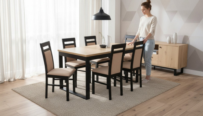 Modernen Iessdësch Holz Iesszëmmer Garnitur 6x Still Set 7 Stéck Set