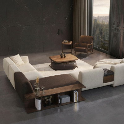 Wunnzëmmer Garnitur Ecksofa U-Form Nei Fauteuil Luxus Holz Dësch Hocker