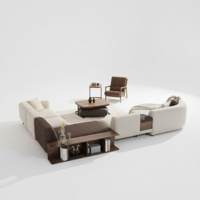 Wunnzëmmer Garnitur Ecksofa U-Form Nei Fauteuil Luxus Holz Dësch Hocker