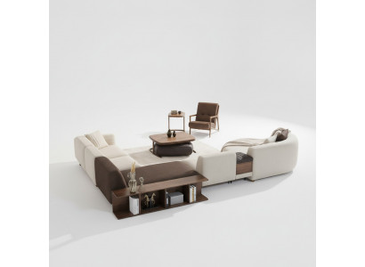 Wunnzëmmer Garnitur Ecksofa U-Form Nei Fauteuil Luxus Holz Dësch Hocker
