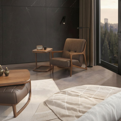 Braune Fotell Polster Miwwelen Wunnzëmmer Holz Ariichtung Luxus Textil Neit