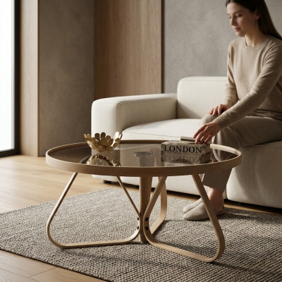 Design Couchtisch Luxus Glastisch Kaffisdësch Ronn Wunnzëmmer Holz Dësch