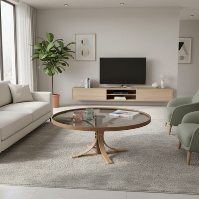 Couchtisch Braun Holz Designer Kaffisdësch Wunnzëmmer Glastësch Miwwelen