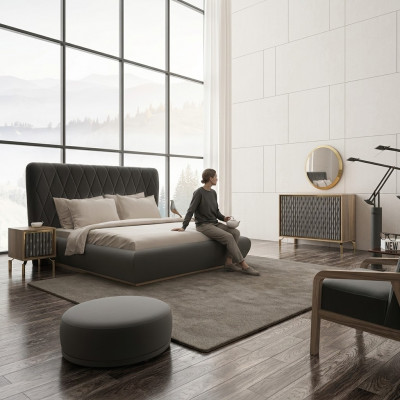 Designt Komplett-Schlofzëmmer Bett Holz 2x Nuetskaktus Kommode mat Spigel