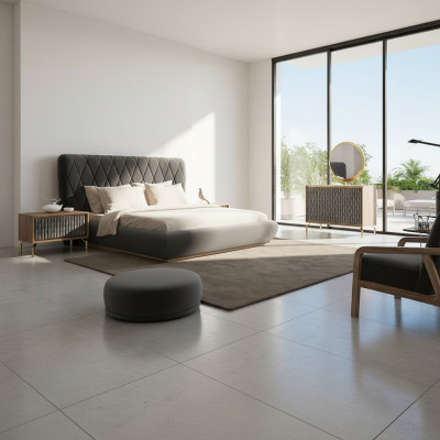 Designt Komplett-Schlofzëmmer Bett Holz 2x Nuetskaktus Kommode mat Spigel
