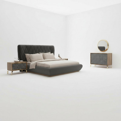 Designt Komplett-Schlofzëmmer Bett Holz 2x Nuetskaktus Kommode mat Spigel