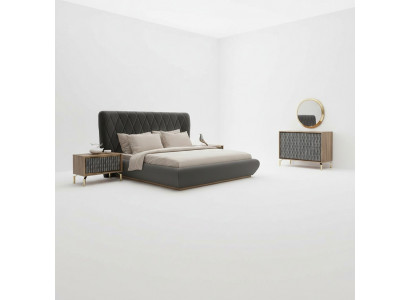 Designt Komplett-Schlofzëmmer Bett Holz 2x Nuetskaktus Kommode mat Spigel