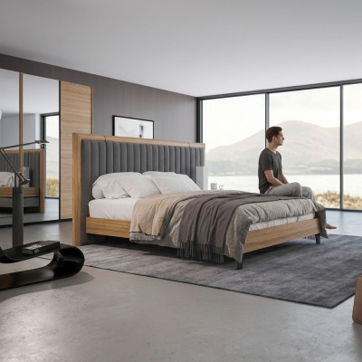 Schlofzëmmer Set 3 Deeler Duebel Bett Modern 2x Nuechtstiesch Holz Design Komplett