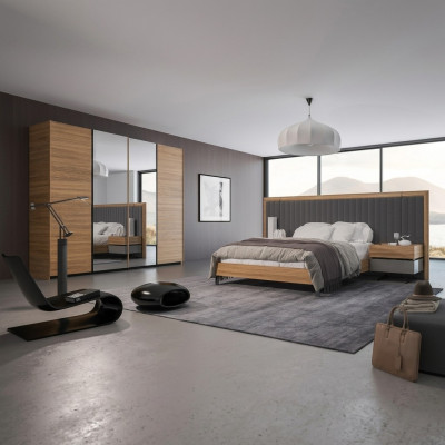 Schlofzëmmer Set 3 Deeler Duebel Bett Modern 2x Nuechtstiesch Holz Design Komplett