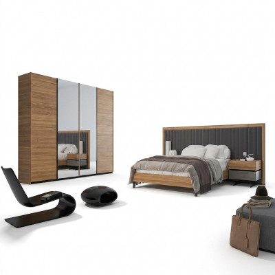 Schlofzëmmer Set 3 Deeler Duebel Bett Modern 2x Nuechtstiesch Holz Design Komplett
