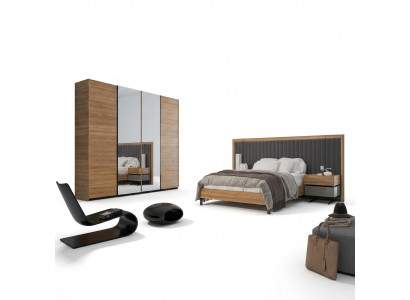 Schlofzëmmer Set 3 Deeler Duebel Bett Modern 2x Nuechtstiesch Holz Design Komplett