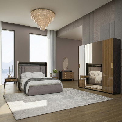 Luxusset 6-tlg duebelt Bett Schlofzëmmer Kommode mat Spigel 2x Nuetsdëscher