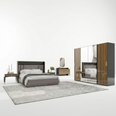 Luxusset 6-tlg duebelt Bett Schlofzëmmer Kommode mat Spigel 2x Nuetsdëscher