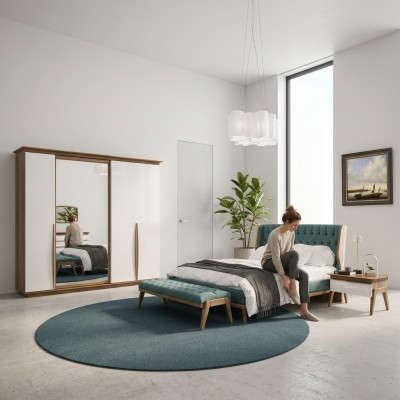 Komplett Schlofkummer Bett 2x Nuetsdëscher Modern Kleederschaf Bänk Nei