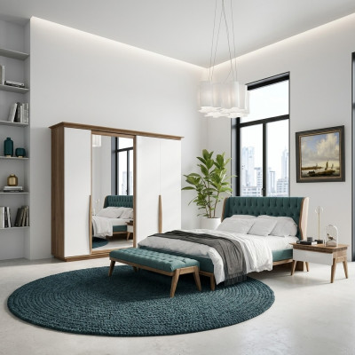 Komplett Schlofkummer Bett 2x Nuetsdëscher Modern Kleederschaf Bänk Nei