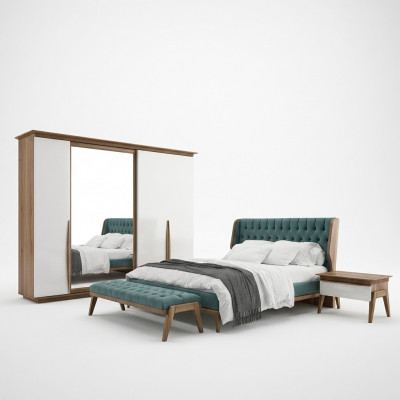 Komplett Schlofkummer Bett 2x Nuetsdëscher Modern Kleederschaf Bänk Nei