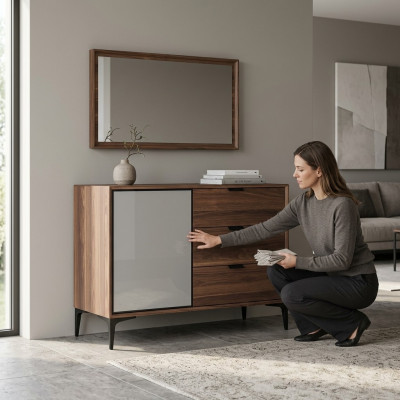 Modernen Designmiwwelen Schlofkummer Braun Kommode mat Spigel Luxus