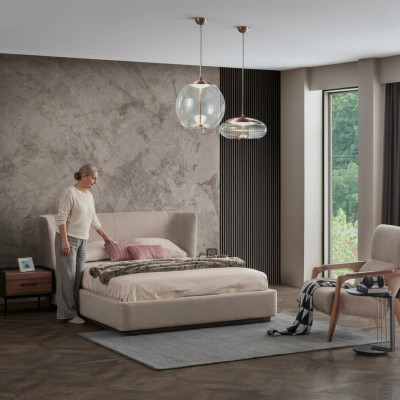 Modern beige duebelt Bett Schlofzëmmer Set 2x Nuetsdëscher Luxus Nei Miwwelen