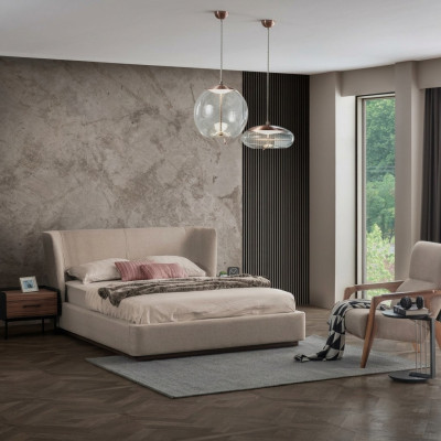 Modern beige duebelt Bett Schlofzëmmer Set 2x Nuetsdëscher Luxus Nei Miwwelen