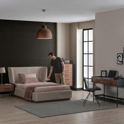 Design Komplett 4-teillegt Schlofzëmmer Bett Nuetsdësch Modern Komoud Nei