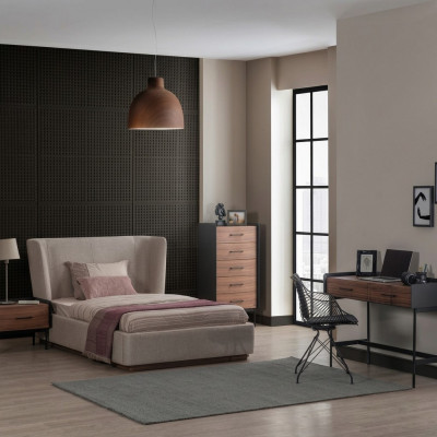 Design Komplett 4-teillegt Schlofzëmmer Bett Nuetsdësch Modern Komoud Nei