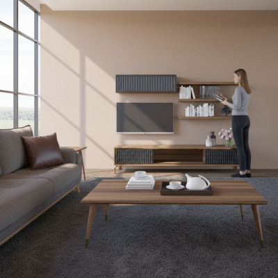 Komplett Wunnwand Wandschaf Holzmöbel Modern Set 5-Deel 3x Wandregaler Nei