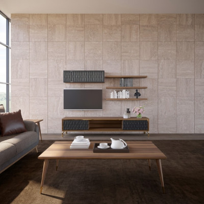Komplett Wunnwand Wandschaf Holzmöbel Modern Set 5-Deel 3x Wandregaler Nei