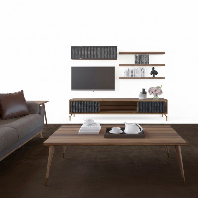 Komplett Wunnwand Wandschaf Holzmöbel Modern Set 5-Deel 3x Wandregaler Nei