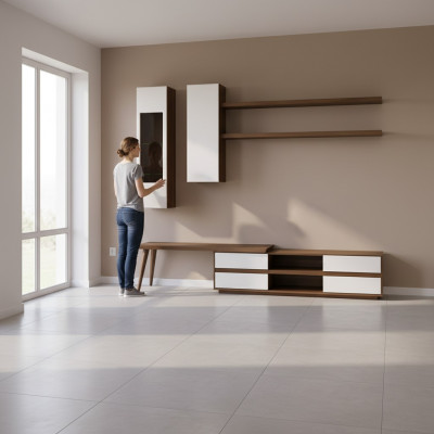 Wunnwand Set 5tlg Holzmiwwel TV-Stänner + Couchdësch Modern 2x Wandregaler