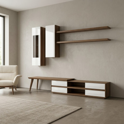 Wunnwand Set 5tlg Holzmiwwel TV-Stänner + Couchdësch Modern 2x Wandregaler