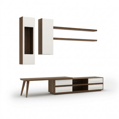 Wunnwand Set 5tlg Holzmiwwel TV-Stänner + Couchdësch Modern 2x Wandregaler
