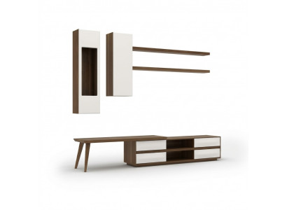 Wunnwand Set 5tlg Holzmiwwel TV-Stänner + Couchdësch Modern 2x Wandregaler
