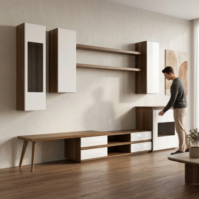 Komplett Set fir Wunnzëmmer 7 Deeler TV-Stänner + Couchtisch Holzmöbel Vitrine Modern