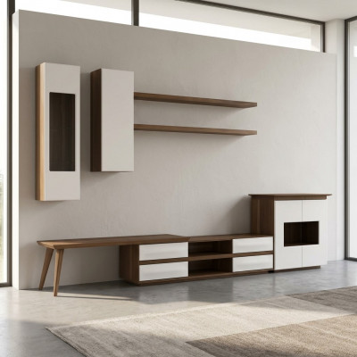 Komplett Set fir Wunnzëmmer 7 Deeler TV-Stänner + Couchtisch Holzmöbel Vitrine Modern