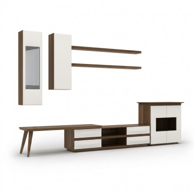 Komplett Set fir Wunnzëmmer 7 Deeler TV-Stänner + Couchtisch Holzmöbel Vitrine Modern